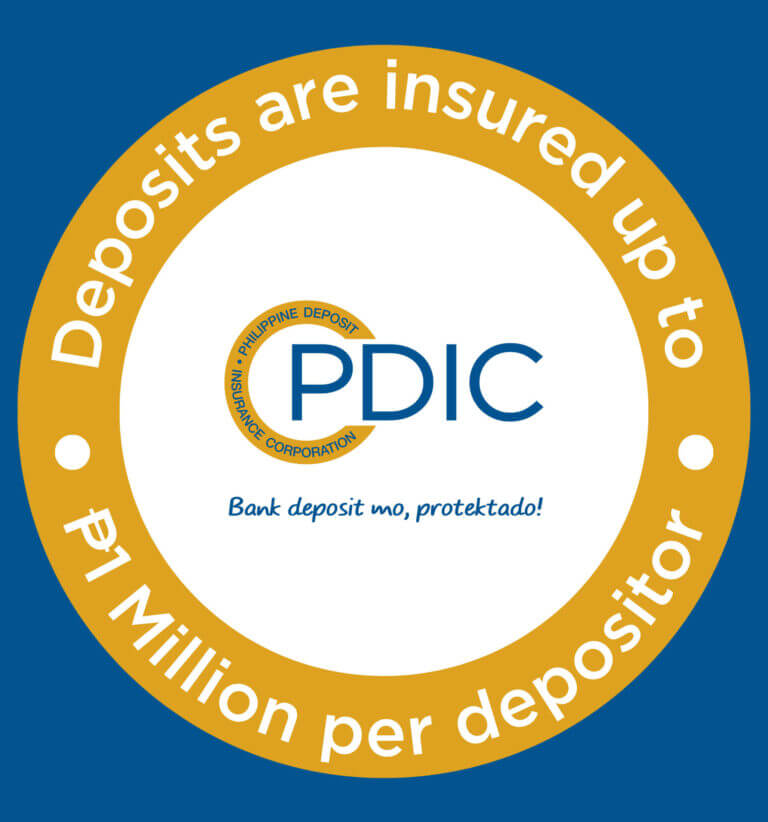Official blue and yellow circular seal for the Philippine Deposit Insurance Corporation, indicating deposit insurance coverage.