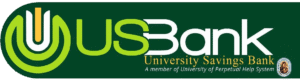 Close-up of a green logo showing the letters "USB" with "University" text underneath on a dark background.