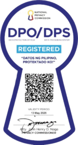 National Privacy Commission official registration seal featuring a blue outline, a QR code, and text indicating compliance for data protection.