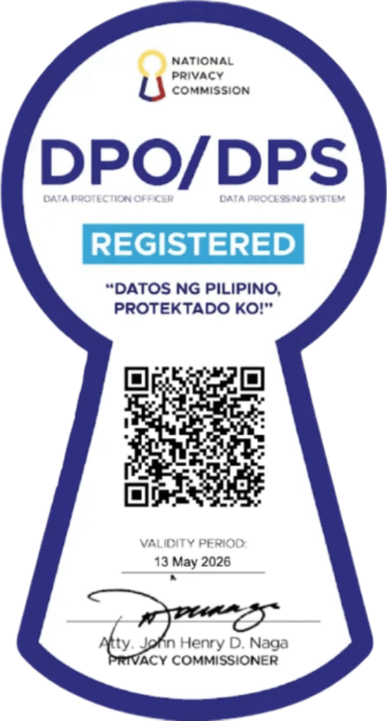 National Privacy Commission official registration seal featuring a blue outline, a QR code, and text indicating compliance for data protection.